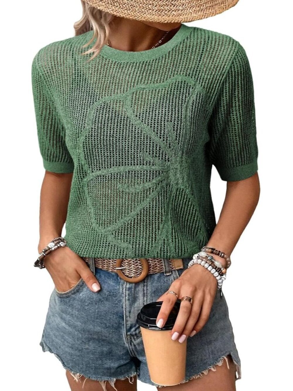 Women  Green 2 Summer Short Hollow Out Floral Sweaters Beach Vacation Cruise Top